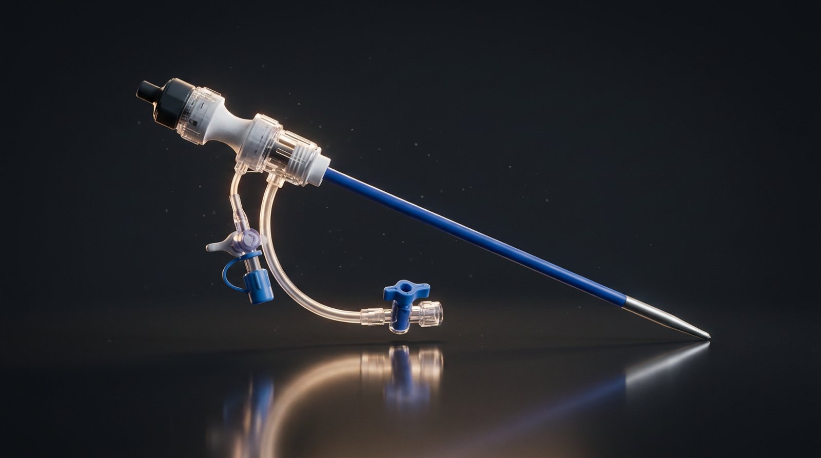 NovaSeal introducer sheath — charcoal valve cap, hub with two blue side-arm stopcocks, royal-blue hydrophilic shaft and silver tapered tip